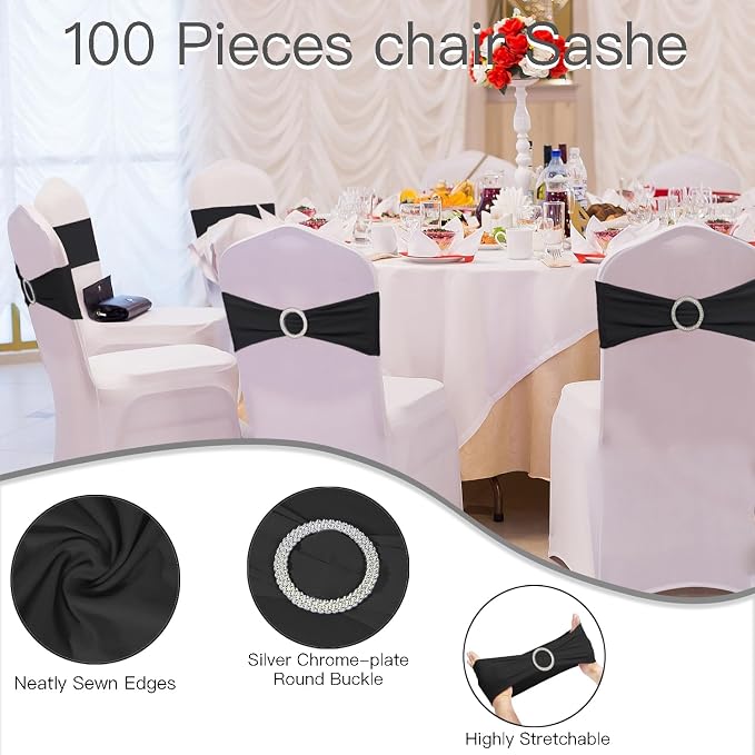 WJWHQ 100PCS Spandex Stretch Chair Sashes Bows Elastic Chair Cover Bands Ties with Buckle Slider for Wedding Party Reception Events Universal Ceremony Banquet Decorations(Black) - Image 3