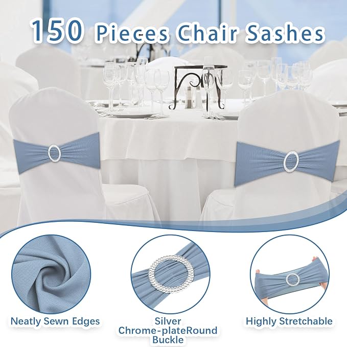CHENGU 150 Pcs Chair Sashes Dusty Blue Spandex Stretch Elastic with Buckle - Image 3