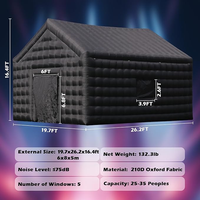 Large Inflatable Night Club Party Tent for Aldult 26FT, Black Oxford Inflatable Building with Blower&Disco Lights, Blow up Large Space Outdoor Events for Birthday, Nightclub, Business(26x20x16ft)