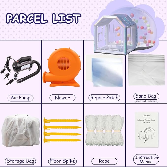 10ft Inflatable Bubble House Dome with Tunnel for Kids, Clear TPU Balloon Tent for Parties, Includes 450W Air Blower & 600W Air Pump