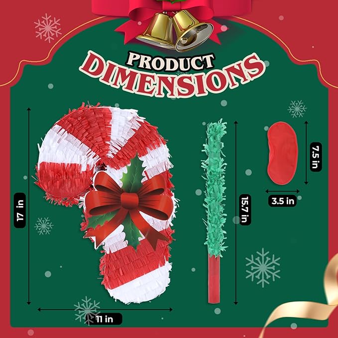 Christmas Candy Cane Pinatas Bundle with a Blindfold and Bat (Small Size 17x11x4 Inches), Holiday Theme Piñata, Christmas Party Supplies, Xmas Piñata, Party Decoration Games