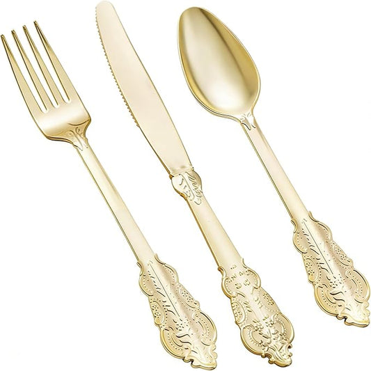 Goodluck 75 Pack Gold Plastic Silverware Set – Heavy Duty Disposable Cutlery, Includes 25 Forks, 25 Spoons, 25 Knives, Elegant Vintage Design for Weddings, Parties, Thanksgiving, and Daily Use