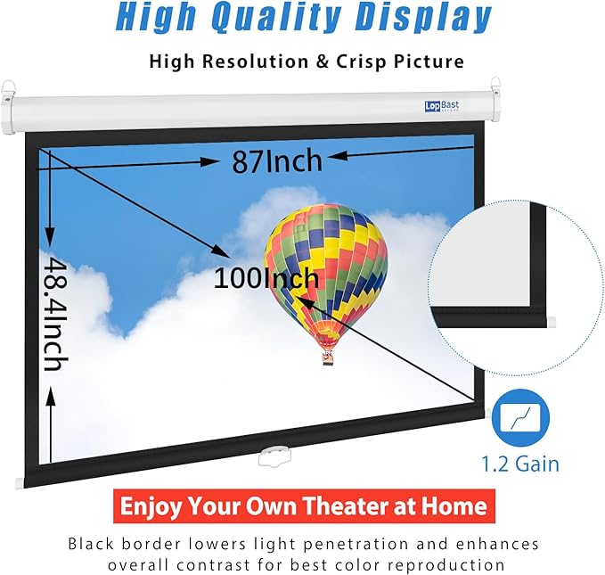 100INCH Manual Pull Down White Projector Screen 16:9 1.2 Gain Retractable Auto-Locking 4K 8K 3D Ultra HD for Home Theater Movie Office Game Projection Screen with Slow Retract Mechanism