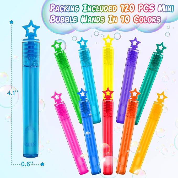 120 Pcs Mini Bubble Wands in 10 Colors, Bulk Party Favors for Kids, Themed Birthday, Christmas, New Year, Valentine, Carnival, School Classroom Prizes for Boys & Girls, Ideal Goodies Bags Stuffers