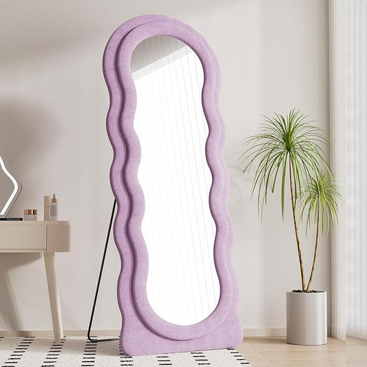 Wavy Full Length Mirror with Stand, 63" x 24" Irregular Floor Mirror, Large Floor Length Mirror, Freestanding/Leaning/Wall Mounted, Flannel Wrapped Wooden Frame for Bedroom/Living Room, Purple