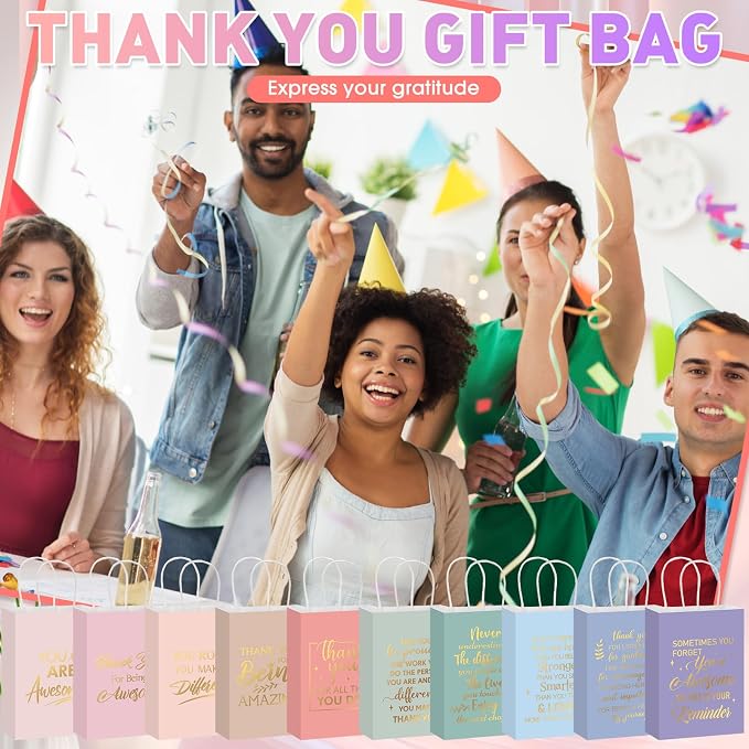 Engrowtic 100 Pcs Thank You Gift Bags with Handles Bulk, Pastel Color | Kraft Paper Bag, 8.3 x 3.1 x 6 Inch, Employee Appreciation Gift, Coworker Nurse Teacher Staff Business Wedding - Image 6