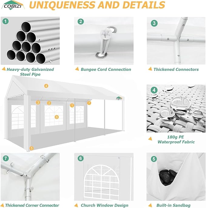COBIZI 10x20 Party Tent Heavy Duty for Parties, Powder Coating (Better Than Galvanized), Waterproof for Church & Wedding, Large Outdoor Event Gazebo with Removable Sidewall & Built-in Sandbag, White