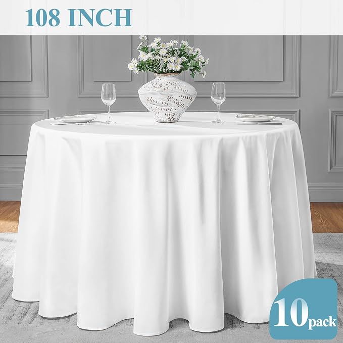 VidaFete 10 Pack 108inch White Round Tablecloth | Polyester Table Cloth, Stain and Wrinkle Resistant Table Cover for Dining Kitchen Party Wedding Banquet Buffet Decoration - Image 5