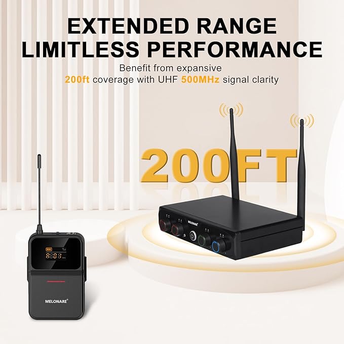 4-Channel Wireless Microphone System,UHF Compact Cordless Mic Set w/ 4x10 Frequencies, 200ft Range, 4 Bodypacks & Headset/Lapel Microphones for Singing, Church, Conference (MWM-41-4B)
