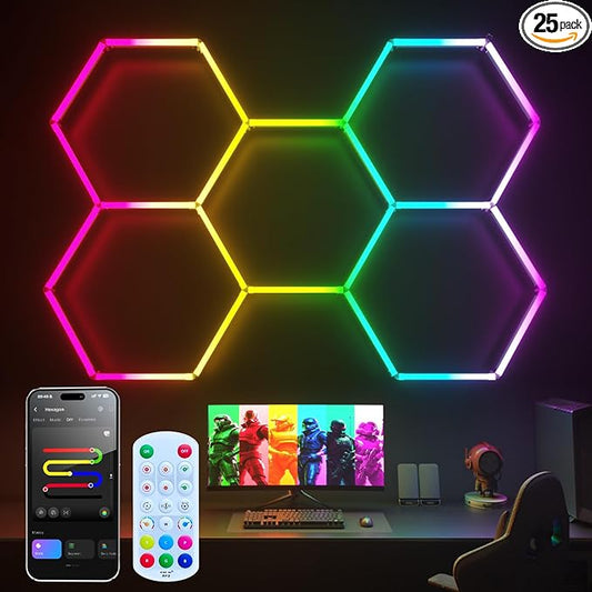 RGB Hexagon Garage Lights, Music Sync LED Hexagon Lights for Gaming Room, Smart App & Remote Control, DIY Honeycomb Ceiling Light for Studio Gym Basement Decor