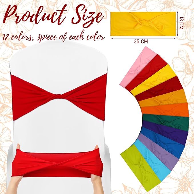 Mixweer 36 Pcs Multicolor Spandex Chair Sashes Bows Elastic Chair Bands Without Buckle Assorted Color Stretch Slider Covers Ties for Wedding Events Banquet Party Decoration, 5.12 x 13.78 Inch - Image 2