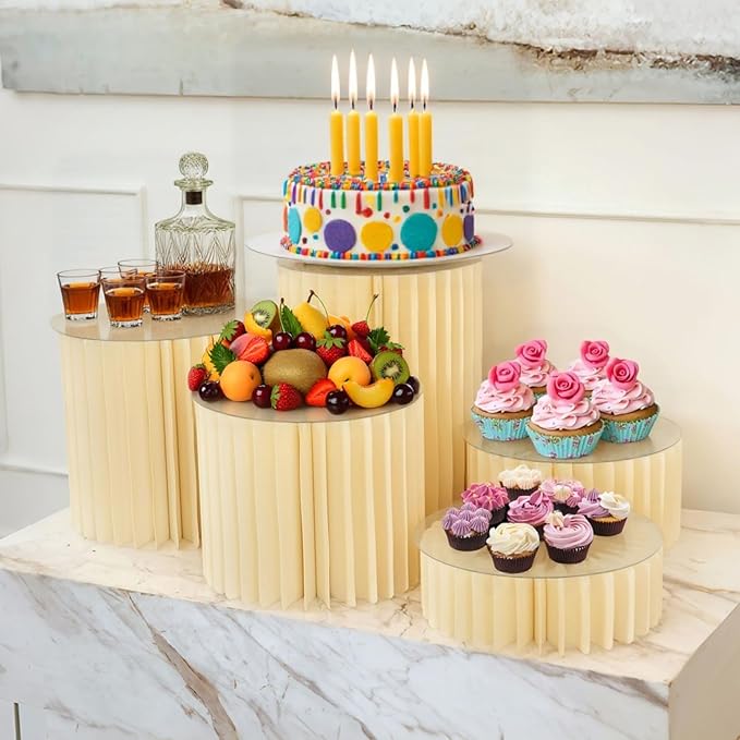 5PCS Buffet Risers, Cylinder Stands for Party with Acrylic Plates, Foldable Food Display Risers, Food Risers for Buffet Table, Weddings, Baby Showers, Birthday, Events Centerpieces Decor (3.9"+5.9"+9.8"+11.8"+15.7")
