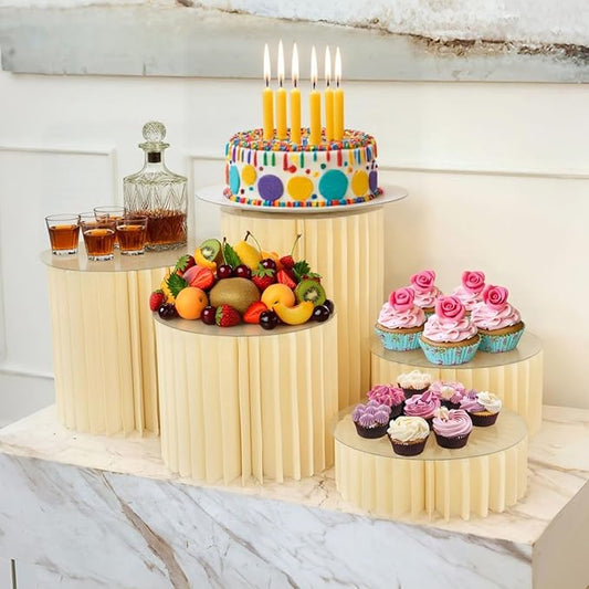 5PCS Buffet Risers, Cylinder Stands for Party with Acrylic Plates, Foldable Food Display Risers, Food Risers for Buffet Table, Weddings, Baby Showers, Birthday, Events Centerpieces Decor (3.9"+5.9"+9.8"+11.8"+15.7")