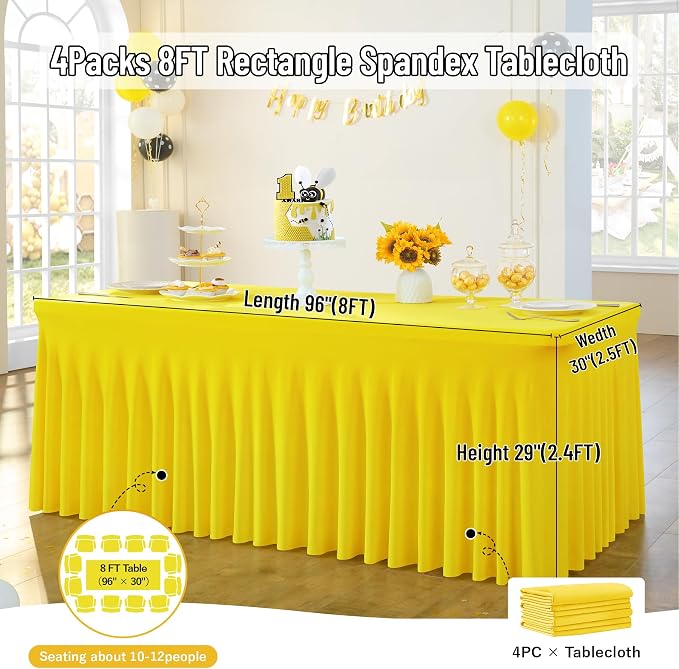 leegleri 4 Pack Yellow Spandex Fitted Table Clothes for 8 Foot Rectangle Tables, Wrinkle Free 8ft Spandex Table Cover, Spandex Table Skirt for 8FT Rectangle Tables-for Banquet Weddings Parties - Image 2