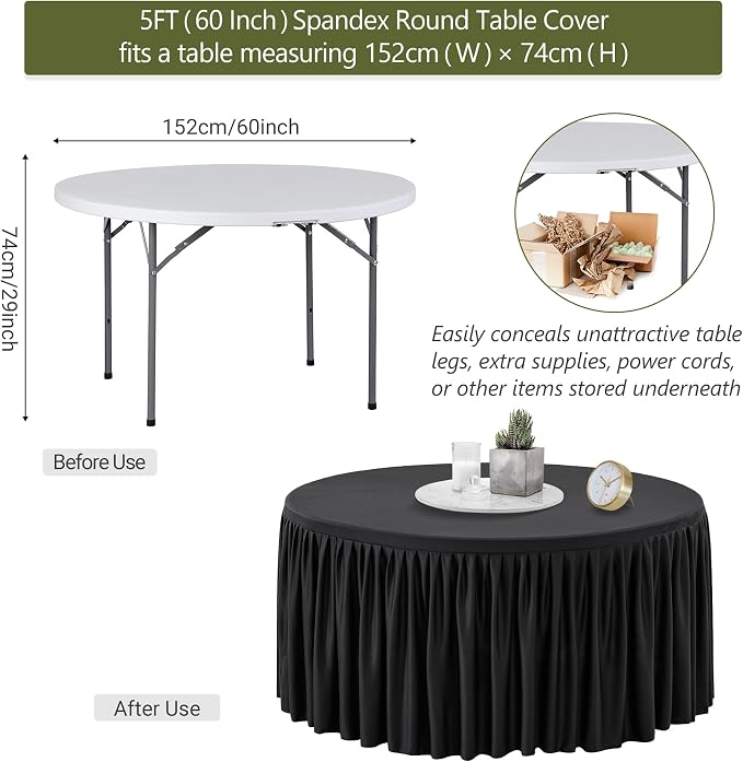 Wish Care 6 Packs 5FT Round Tablecloth 60 Inch, Black Stretchy Fitted Table Cloths, Wrinkle Resistant Polyester Table Cover with Pleated Ruffle Skirt for Party, Wedding and Banquet Decoration - Image 2
