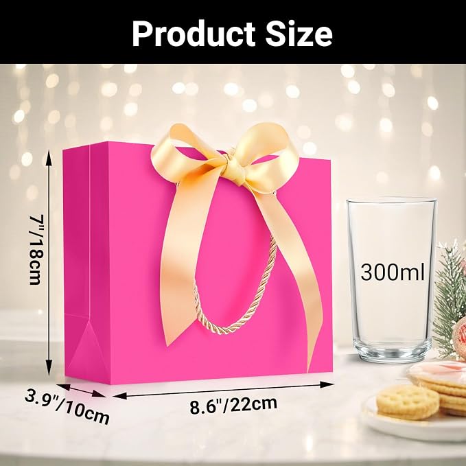 EUSOAR Hot Pink Gift Bags, 12pcs 8.6"x3.9"x7" Small Shopping Paper Bags with Bow Ribbon Handle, Party Favor Kraft Paper Bags Thank You Gift Treat Bags for Merchandise Shopping Wedding Birthday - Image 2