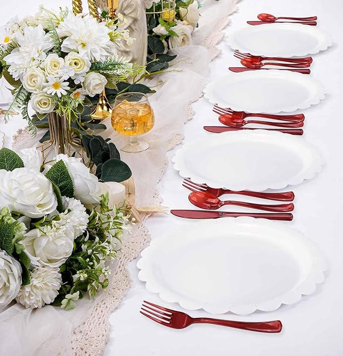 HEIPINIUYE 75 Pack Red Clear Plastic Cutlery Heavy Duty Clear Red Plastic Knives Forks and Spoons Disposable Silverware Set for 25 Guest Birthday Baby Shower Christmas Party Utensil Set