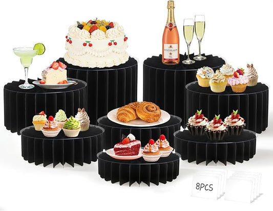 8 Pack Buffet Risers Display Stands, Foldable Food Risers for Buffet Table, Tall Cake Cupcake Stands, Cardboard Cylinder Stand, Dessert Table Display Set for Catering, Jewelry, Wedding, Party Decor (Black) by Unknown