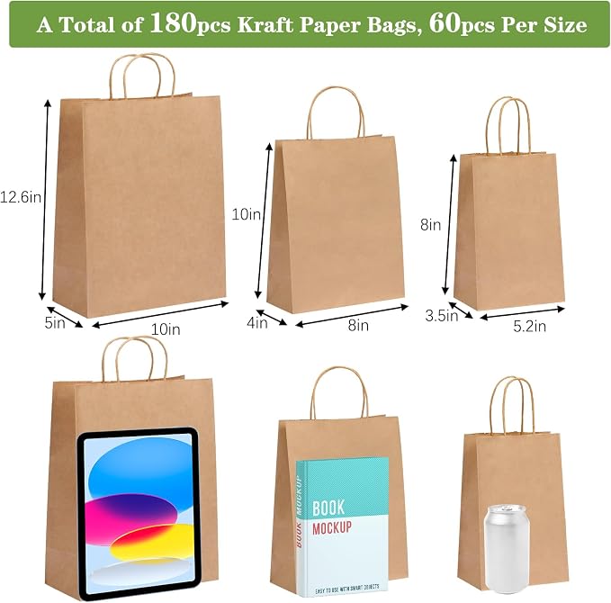 OUTUXED 180pcs Paper Bags with Handles Brown Kraft Paper Gift Bags | Assorted Sizes (8/10/12.6 Inches) Brown Paper Gift Bags with Handles Bulk for Merchandise, Retail, Shopping, Party Favors - Image 2