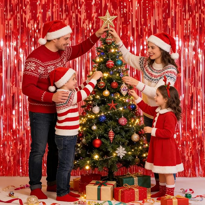 2 Pack Thickened Red Metallic Foil Fringe Curtains Streamer Rip Resistant Shimmer Tinsel Photo Booth Backdrop for Birthday Wedding Christmas Bachelorette Party Decorations 3.28ft x 6.56ft