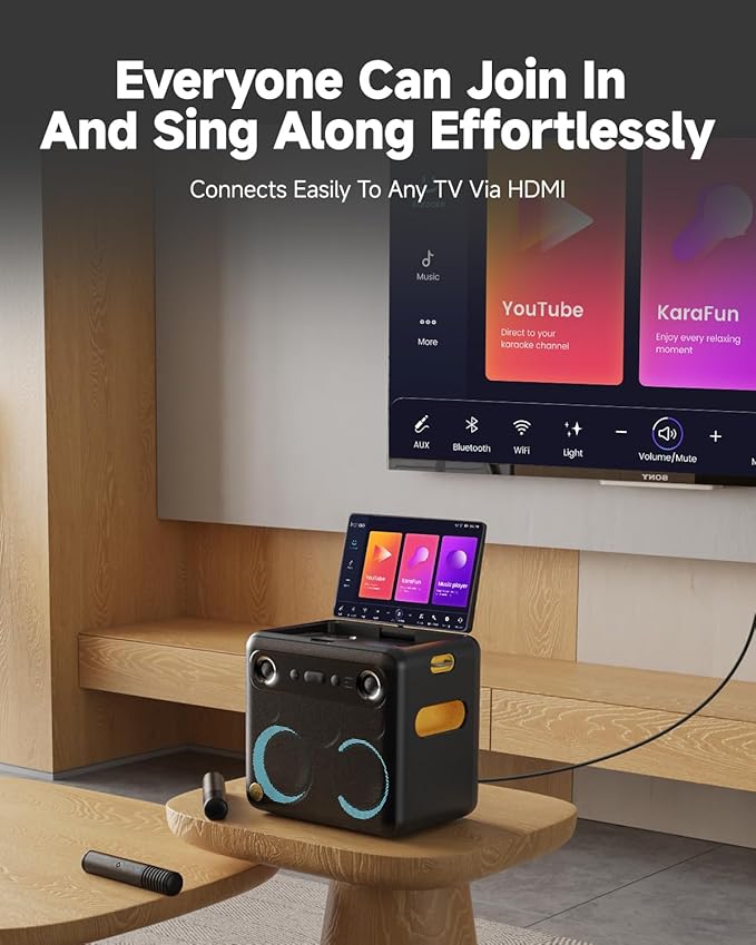 Professional Karaoke Machine for Adults, PA System, 300W Speaker with Built-in Screen with Lyrics Display with Self-Charging 2 Micphones，Support WiFi AUX HDMI for TV Projector