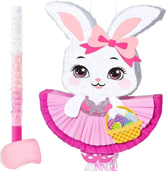 WERNNSAI Easter Bunny Pinata – Pink Easter Rabbit Pinata with Blindfold and Stick Spring Easter Egg Hunt Game Party Decorations Birthday Carnival Supplies