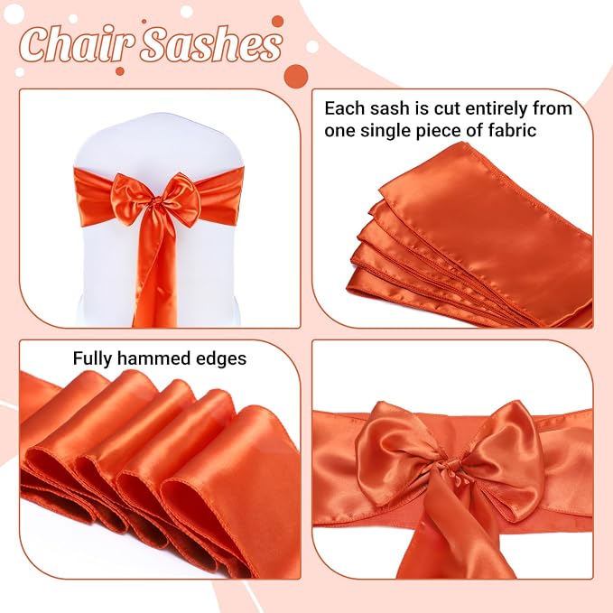VDS Satin Chair Sashes Chair Cover Back Tie Sateen Bows Ribbon for Wedding Birthday Graduation Engagement Ceremony Event Party Banquet Venue Hotel All Dining Chair Decoration (200PC) (Brunt Orange) - Image 5
