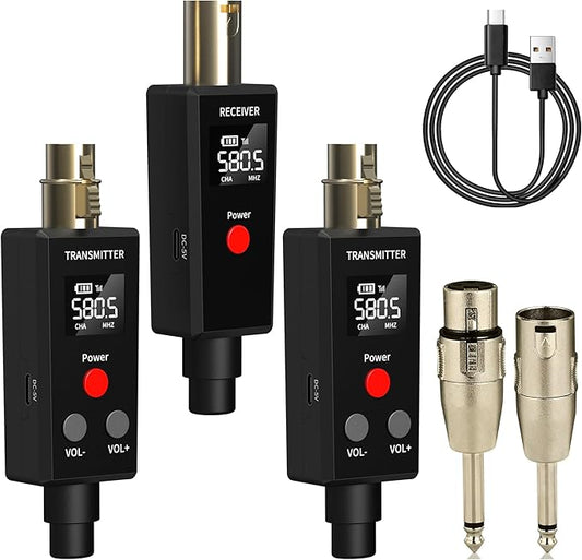 Wireless Microphone System 2.4GHz Wireless Plug-on XLR Dual Transmitter & Receiver for Dynamic Mic,Mixer,PA System,2 Transmitters Connecting Microphones for Synchronous Transmission