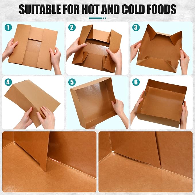 Teling 50 Pcs Kraft Paper Cardboard Food Trays Disposable Container, Brown | 10.4"x10.4"x3.7" Kraft Paper Holders Bulk, Party Theaters Stadiums Catering, Fast Food Container Boxes Foldable Design - Image 7