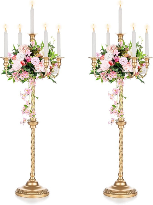 Sziqiqi Floor Candlestick Holder Gold Candelabra - 35inch Tall Candlestick Holders for Taper Candles Candle Sticks Holder Decor for Wedding Table Centerpiece Anniversary Ceremony 2pcs