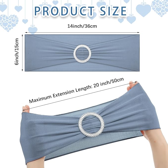 CHENGU 150 Pcs Chair Sashes Dusty Blue Spandex Stretch Elastic with Buckle - Image 2