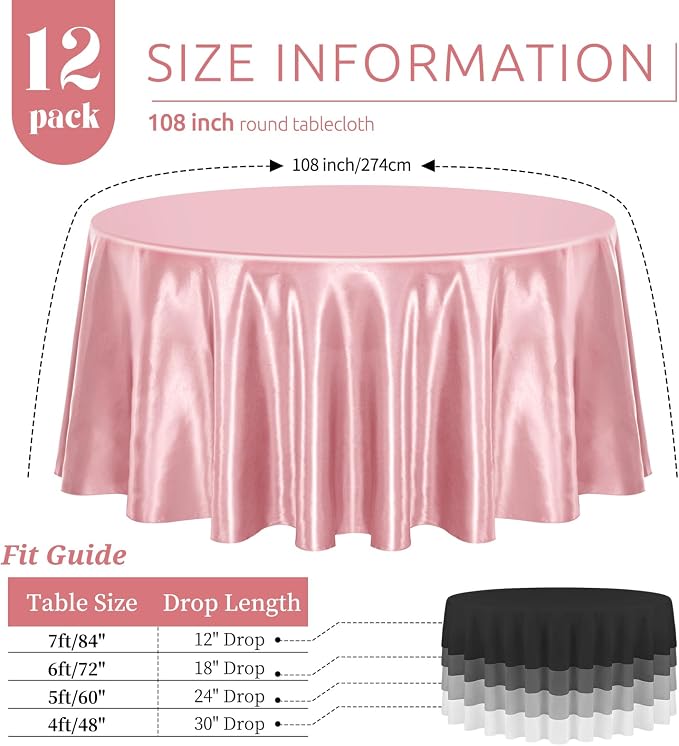 12 Pack 108 Inch Round Satin Tablecloth, Rose Gold - Image 2