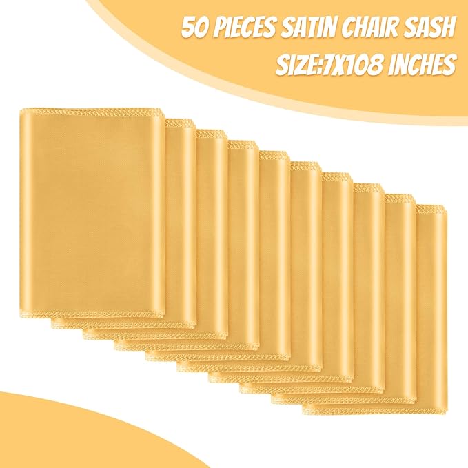 50 PCS Gold Satin Chair Sashes Bows Universal Chair Ribbon Ties Back Sash for Wedding Party Reception Events Banquets Hotel Event Chair Cover Decoration (7x108 inch) - Image 2