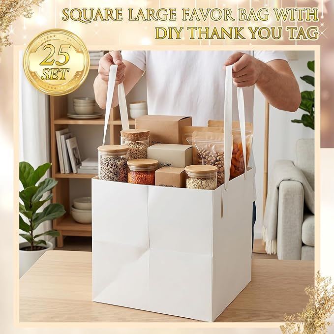 Windyun 25 Pcs Square Paper Gift Bags with Handle 12 x 12 x 12'' Large Favor Bag Bulk with DIY Thank You Tag for Wedding Bridal Shower Graduation Bridesmaid Birthday Party (White) - Image 3