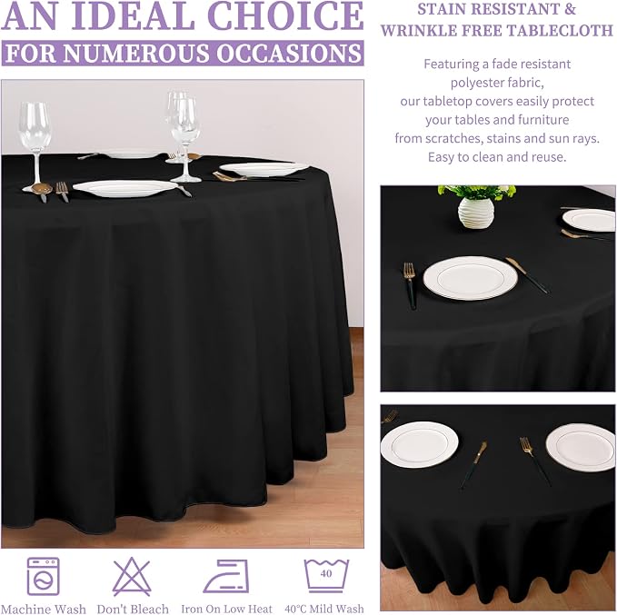 Showgeous 8 Pack Black Polyester 90 Inch Round Tablecloths | Soft polyester, wrinkle resistant, fade resistant, smooth finish, fine stitching, folded hems, reusable, machine washable - Image 6