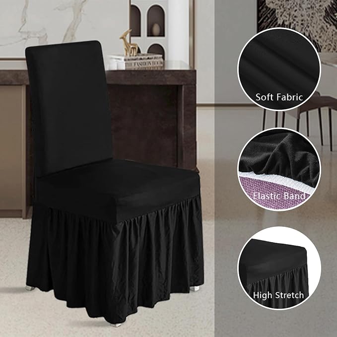molasofa Chair Covers for Dining Room Set of 6 Stretch Chair Slipcovers with Skirt for Kitchen Seat Protectors Wedding Banquet Decor Kids Pets Spandex Fabric Washable (6pcs, Black) - Image 3