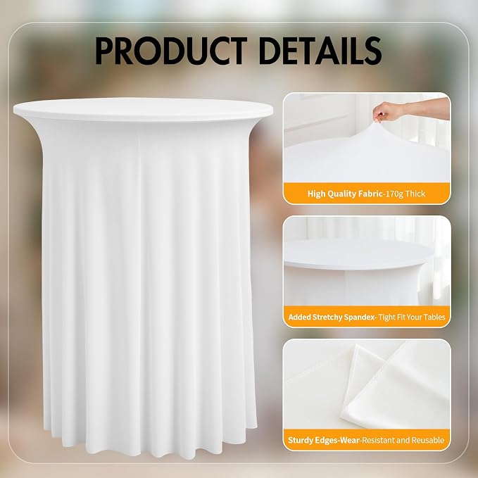 6 pk White Cocktail Table Cloth Round 36×43in-High Top Highboy Bar Cocktail Tablecloths-Wrinkle Free Stretchy Fitted Spandex Table Covers with Ruffle Desk Skirt for Wedding Banquet Party Tables - Image 4