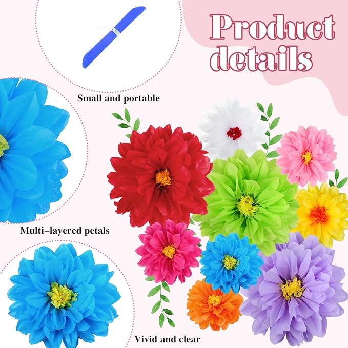 Geyee 54 Pcs Mexican Fiesta Tissue Paper Flowers Party, 8" 10" 12" | Large Colorful Crepe Flower, Mexican Fiesta Party Decorations, for Backdrop Wall Decor, Birthday Wedding Carnival Craft Decor - Image 3
