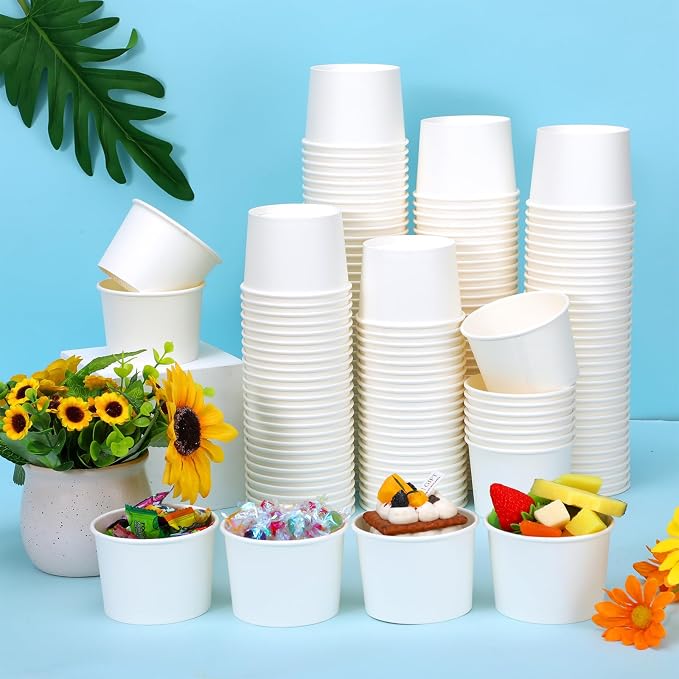Nuenen 100 Pcs 8 oz Summer Ice Cream Paper Cups Bulk Disposable Dessert Cups Solid Color Paper Dessert Bowls for Snack Sundae Spring Party Favors Ice Cream Bar Supplies (White) - Image 7