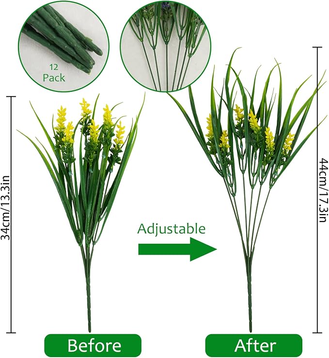 obbsie 12 Bundles Artificial Plants Outdoor, 18.2" UV Resistant Faux Monkey Grass Greenery Stems No Fade Faux Plastic Flowers Shrubs for Home Weddings Garden Porch Front Patio Office Decor - Yellow - Image 3