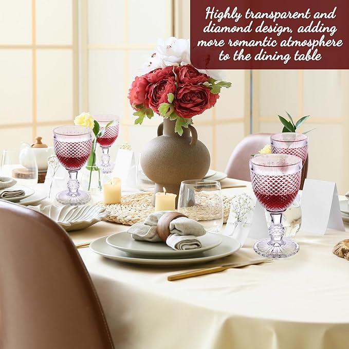 Bokon 12 Pack Purple Glass Goblets Set 10 oz High Clear Wine Glass Vintage Water Goblets Cups Embossed Diamond Design Glassware with Stem for Drinking Juice Liquor Party Wedding Bar