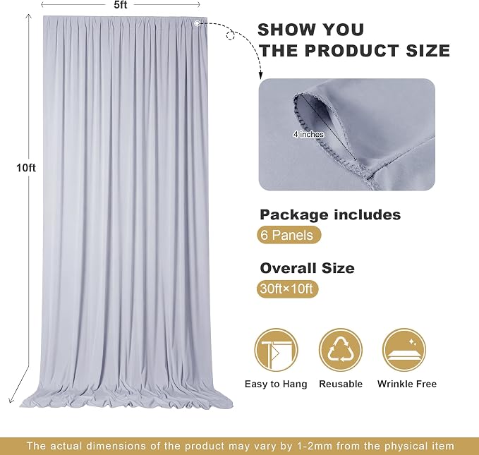 30x10ft Silver Backdrop Curtains for Parties, 6 Panels 5x10ft Wrinkle-Free Polyester Background Curtains for Wedding, Birthday, Baby Shower,Graduation, Decorations - Image 5