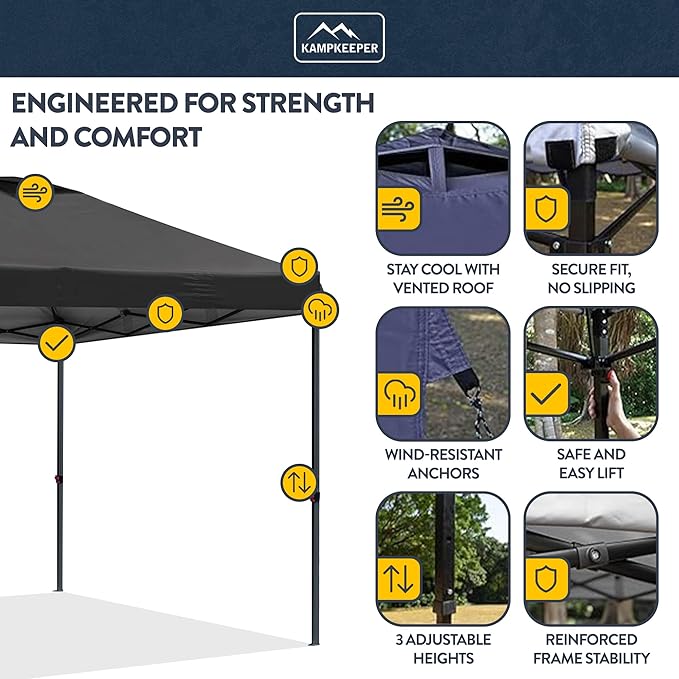 KAMPKEEPER 10x10 Pop-Up Canopy Tent, Waterproof, Portable Shade with Side Walls, Adjustable Instant Outdoor Shelter for Camping, Backyard, and Events, Black