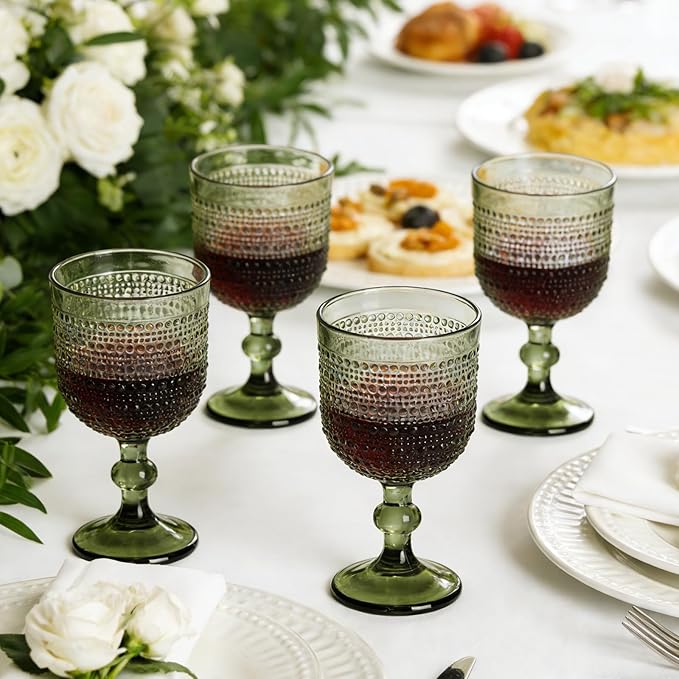 Green Wine Glasses Set of 4, 12oz Vintage Goblet Glasses, Embossed Glass Cups Hobnail Glassware for Weddings, Dinners, and Holiday Gifting