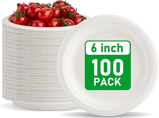 RACETOP Compostable Small Paper Plates 6 Inch [100 Pack] | Unbleached White, Dessert Plates, Disposable Biodegradable Heavy Duty Paper Plates, Made of Natural Sugarcane Fibers, Round by RACETOP