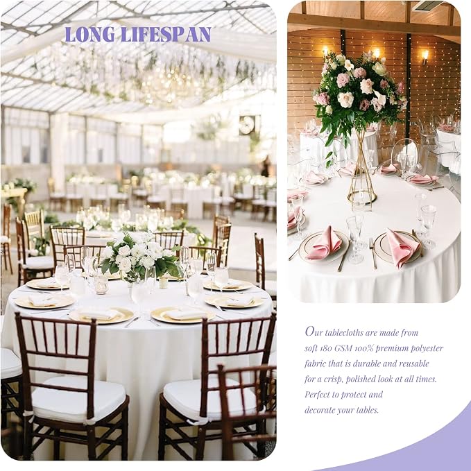 Showgeous 8 Pack White Polyester 90 Inch Round Tablecloths | Soft polyester, wrinkle resistant, fade resistant, smooth finish, fine stitching, folded hems, reusable, machine washable - Image 3