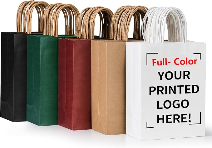 METAPRINT 50 PCS Custom Printed Kraft Paper Bags for Medium Business,8x4.5x10 Inch Medium Size, Personalized Retail Gift Bags with Logo, Brown White Shopping Paper bag with Handle, Goodie Bag by METAPRINT