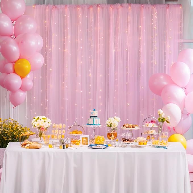 20ft x 8ft Pink Backdrop Curtain with Lights String for Parties, Sheer Tulle Wedding Photo Backdrops Drapes for Baby Shower Birthday Party Decorations Background for Photography - Image 5