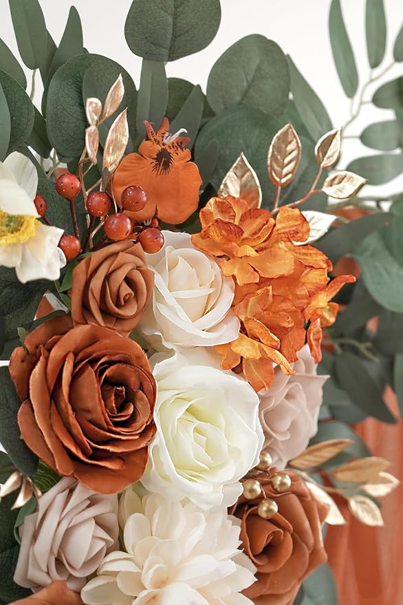 Olalaka Burnt Orange Artificial Wedding Arch Flowers Kit (Pack of 3) with 26Ft Terracotta Shiny Arch Draping Fabric for DIY Wedding Party Ceremony Reception Backdrop Floral Decoration - Image 6