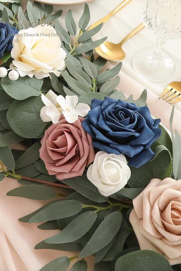 Floroom 6ft Artificial Eucalyptus Garland with Flowers Fake Greenery Faux Floral Vine Garland for Table Decor Wedding Centerpieces Bridal Shower Party Decorations, Dusty Rose & Navy - Image 4